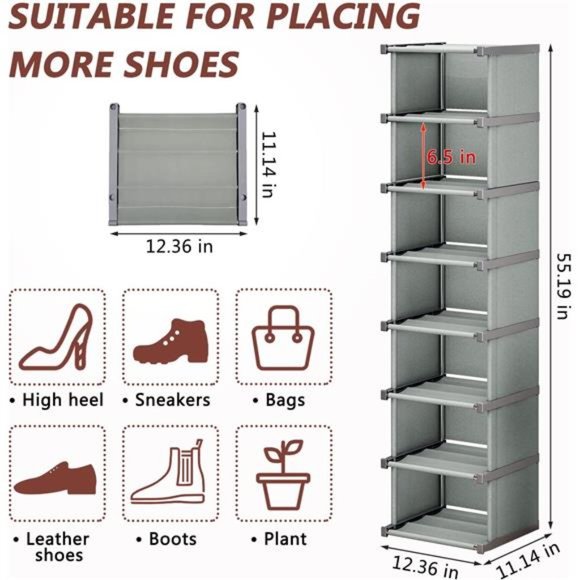 8 Tiers Shoe Rack Vertical Narrow Shoe Storage Shelf Organizer Space Saving - Picture 3 of 6